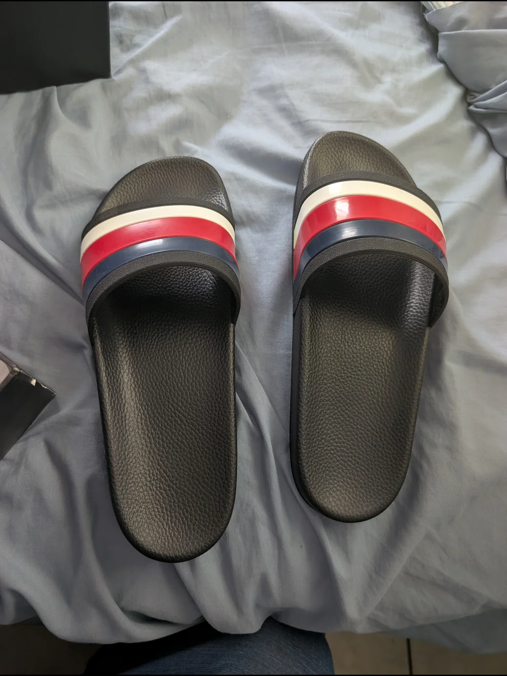 Gucci Men’s Black Slide Sandals with Red White And Blue Stripe